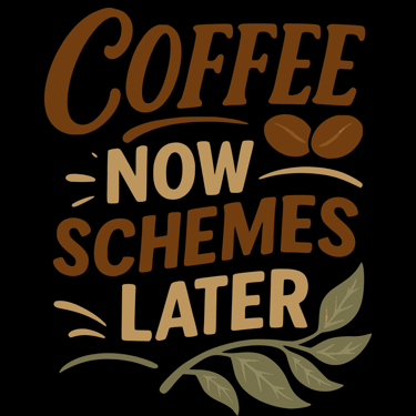 Coffee Now Schemes Later text with beans and leaves in warm brown tones