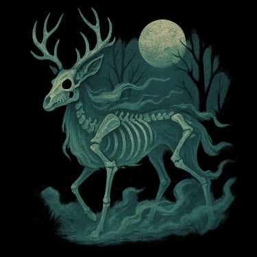 Skeletal stag with glowing antlers running under full moon in ghostly forest scene