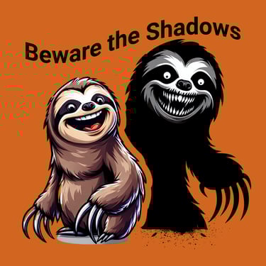 Cute smiling sloth with terrifying shadow monster behind it