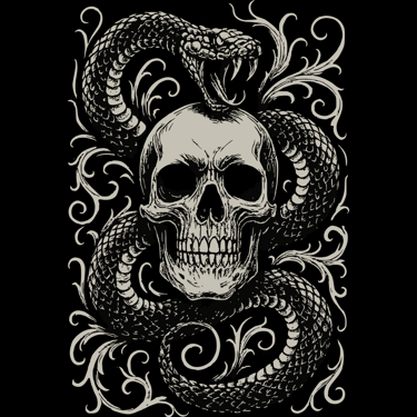 Vintage skull and snake design with ornate flourishes on transparent background