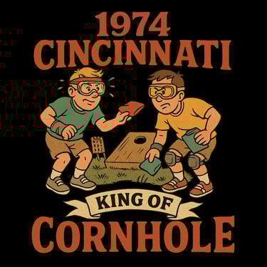 Two kids in goggles playing cornhole with vintage 1974 Cincinnati text and retro style