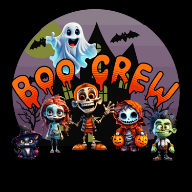 Group of cute spooky characters with ghost, skeleton, pumpkins, and haunted house, text Boo Crew