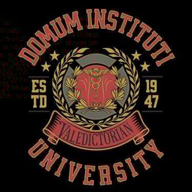 University crest with laurel, caduceus, and banner reading Valedictorian