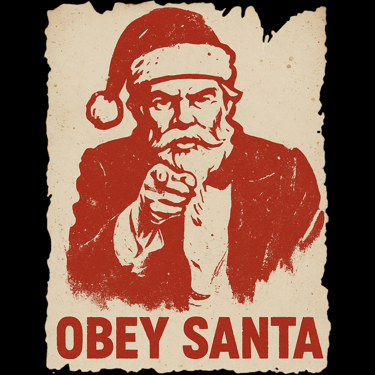 Vintage propaganda-style poster of Santa pointing with the words “OBEY SANTA” in bold red.