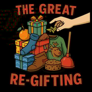 A pile of goofy regift items—sock, boot, reindeer sweater, fruitcake, plunger—with a hand adding mis