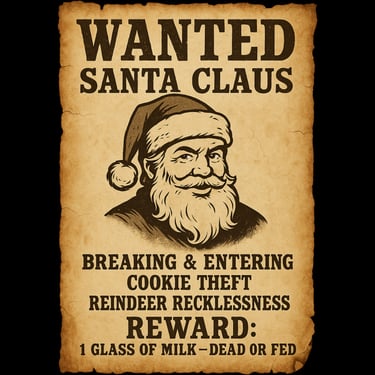 Vintage “Wanted” poster of Santa Claus listing crimes like cookie theft and reindeer recklessness, r