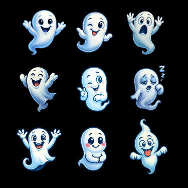“Nine cartoon ghosts with unique moods arranged in a 3x3 grid, playful spooky Halloween design.”