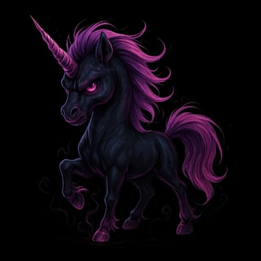 Black unicorn with glowing magenta mane, tail, and horn in gothic fantasy style.