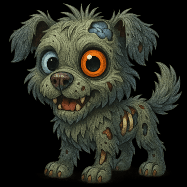 Cute zombie puppy with big orange and blue eyes, ragged fur, and undead grin.