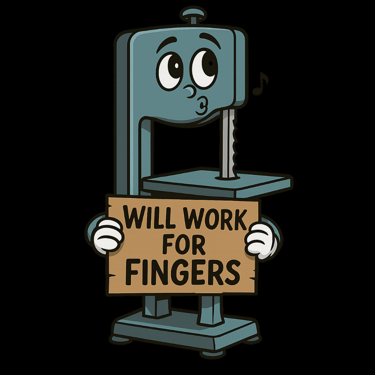 Cartoon bandsaw holding a sign that says “Will Work for Fingers” with a cheerful face.