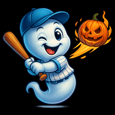 Ghost baseball player in cap swinging bat at flaming jack-o’-lantern pitch.