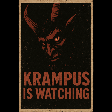 Vintage dark Krampus poster with a demonic horned face and the text “Krampus Is Watching.”