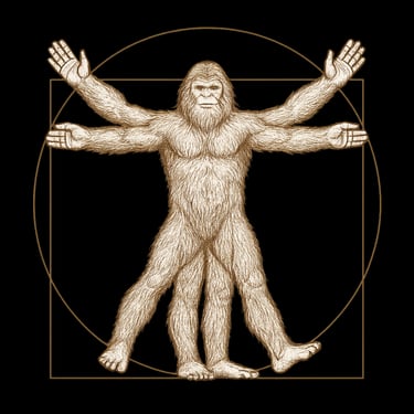 Vintage Vitruvian Bigfoot illustration inspired by Da Vinci in sketch style.