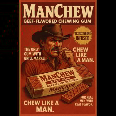 Retro macho parody poster for ManChew beef-flavored gum with cowboy chewing gum.