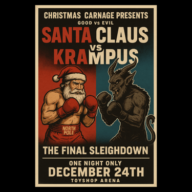 Vintage boxing poster style Santa vs Krampus fight with bold Christmas carnage typography.