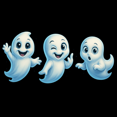 Three cute cartoon ghosts floating with playful expressions and poses