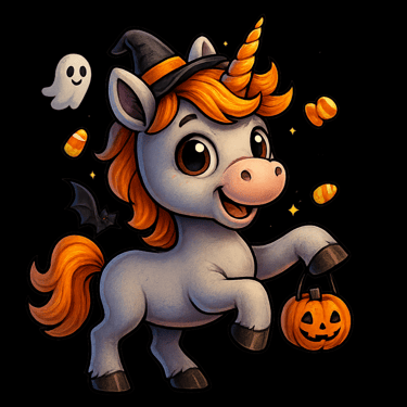Cute Halloween unicorn in witch hat holding pumpkin bucket with ghost, bat, and candy around it