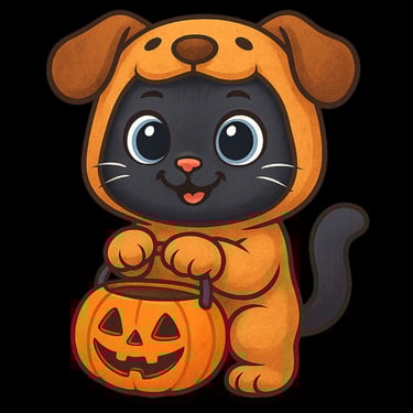 Cute cartoon black cat in an orange dog costume holding a pumpkin trick-or-treat bucket