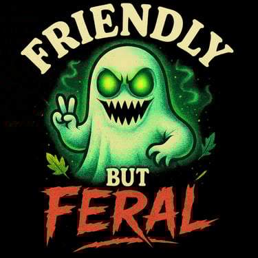 Green glowing ghost flashing a peace sign with text “Friendly But Feral” in bold spooky font.