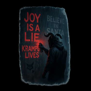 A hooded Krampus figure spray-paints “JOY IS A LIE – KRAMPUS LIVES” in red graffiti over a faded “BE