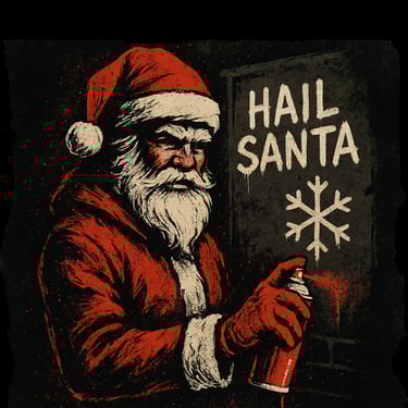 Grim vintage Santa spray-paints “HAIL SANTA” beside a snowflake on a dark wall.