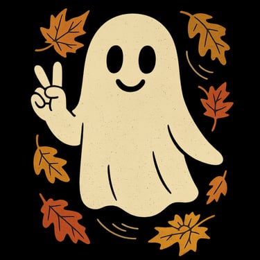 Cute smiling ghost flashing a peace sign surrounded by falling autumn leaves on a black background.