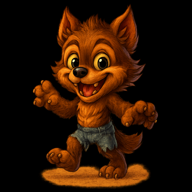 Cute baby werewolf in ragged shorts with a big grin, cartoon creepy-cute style.