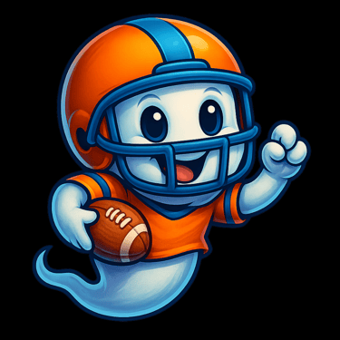 Cartoon ghost in football gear with helmet and ball, playful spooky Halloween sports design.