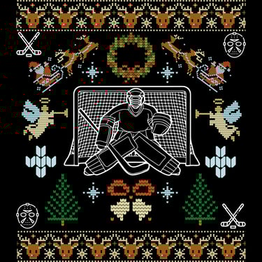 Ugly Christmas sweater-style hockey goalie design with net, wreath, reindeer, angels, and festive ic