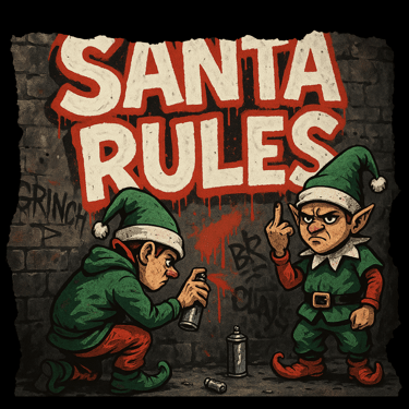 Two mischievous elves graffiti “SANTA RULES” on a brick wall; one sprays while the other flips the v
