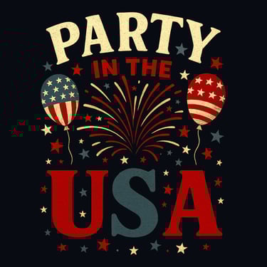 Vintage Party in the USA design with balloons, fireworks, and stars in red, white & blue
