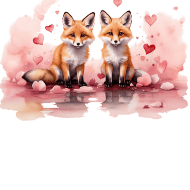 two foxes sitting on a cloud with hearts