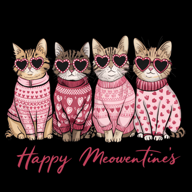 three cats wearing sweaters and sunglasses with hearts on them