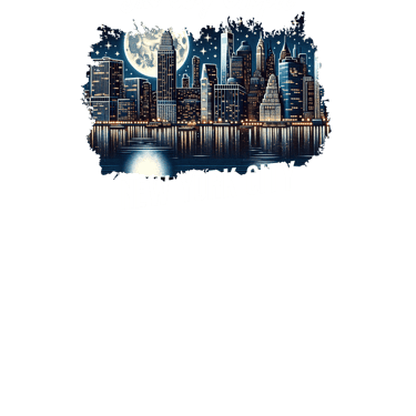 a city skyline with a full moon in the background