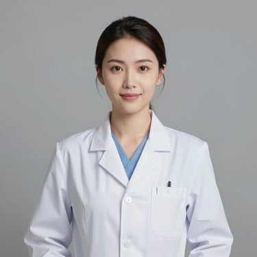 Portrait of a female neurologist in a white coat, looking professional and friendly. Soft studio lighting, clinical but accessible vibe. Neutral background.