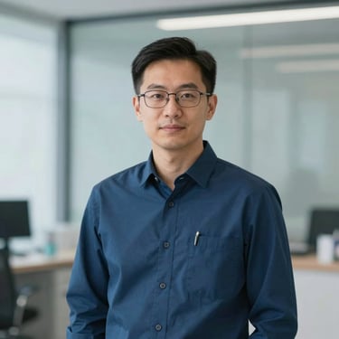 Portrait of a male clinical director in a modern medical office. Professional, wearing glasses and a blue shirt. Lighting is soft and professional.
