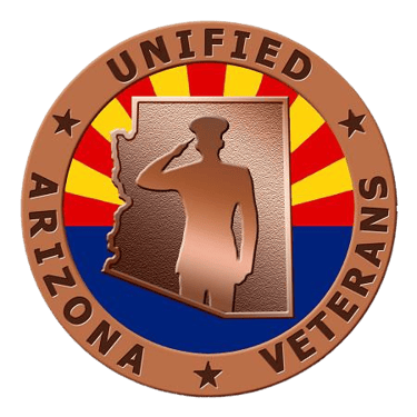 Unified Arizona Veterans logo. A copper soldier saluting infront of the state of Arizona, with the AZ flag as the background.