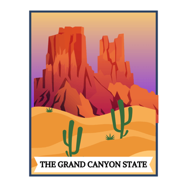 Stamp graphic. Text reads: THE GRAND CANYON STATE. Image is of a desert scene, with mountains, cacti, and a purple sunset.