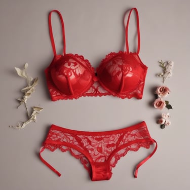 A collection of vibrant red lingerie and high-heeled shoes, with delicate lace details, is arranged on a wooden surface. The background features a fabric with text and butterfly illustrations, enhancing the romantic and elegant theme.