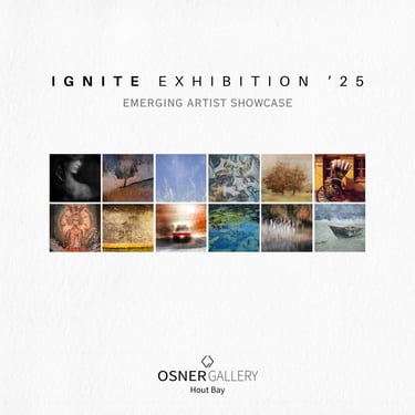 Ignite Exhibition '25 poster featuring emerging artists' works and Osner Gallery logo, Hout Bay.