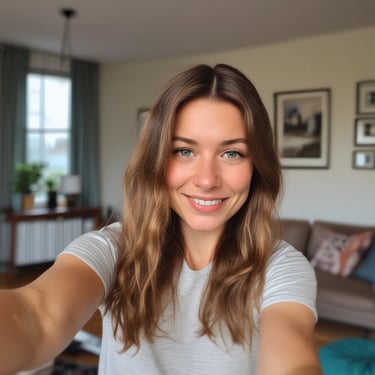 A peaceful pregnant woman holding the 'Kraft der Gedanken' affirmation card, smiling softly.