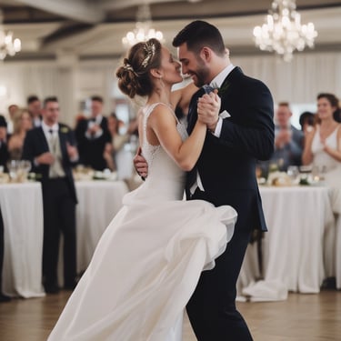 A couple joyfully dancing at their wedding reception, surrounded by friends and family.