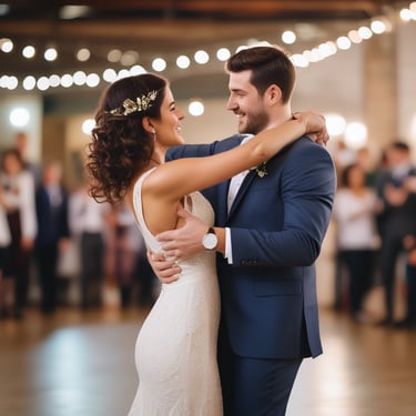 A couple joyfully dancing at their wedding reception, surrounded by friends and family.
