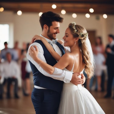 A couple joyfully dancing at their wedding reception, surrounded by friends and family.