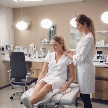 A smiling woman sitting in a modern treatment room.