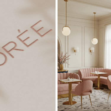 Floree Concept Dubai dining area featuring pastel pink chairs and golden table