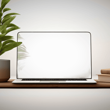 ein laptop stehend auf dem schreibtisch, links eine pflanze, rechts ein stapel bücher