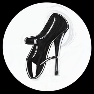 a black and white shoe with a high heel