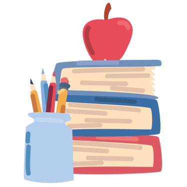 apple on books next to pencils