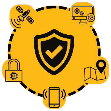 Infográfico de segurança Rastrek Vinicar — satélite, computador, cadeado, smartphone e mapa conectados a escudo de proteção d